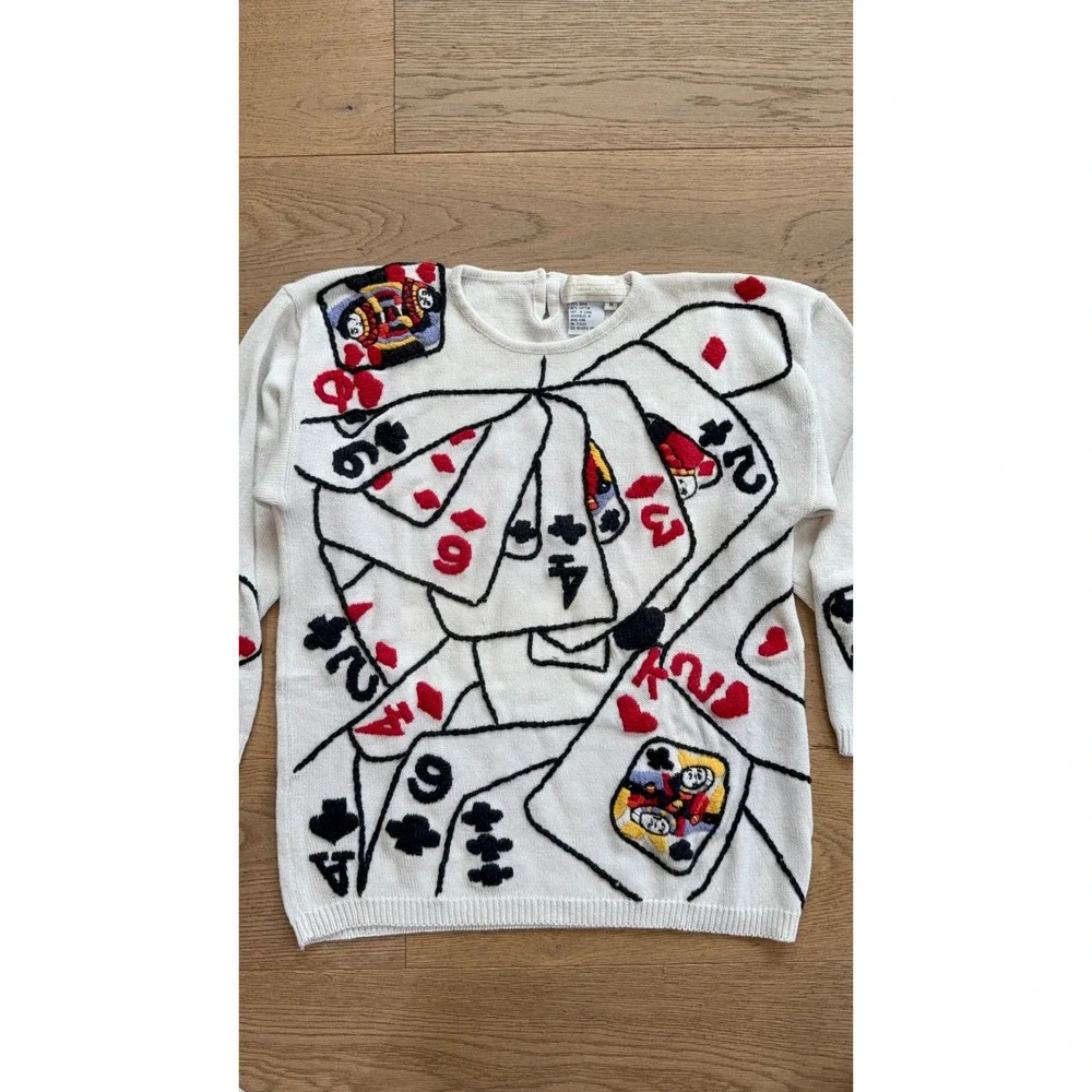 Maurada Vintage Playing Cards Knit Sweater Cream Ramie‎ Cotton Womens Medium